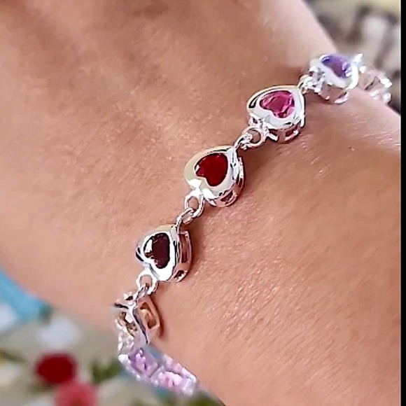 Sterling Silver Heart Multicolor Gemstone 925 Stamped Bracelet - Picture 8 of 12